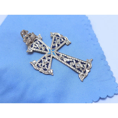 14K Two Tone Gold Hand Made Enamel Cross Diamond Charm Pendant