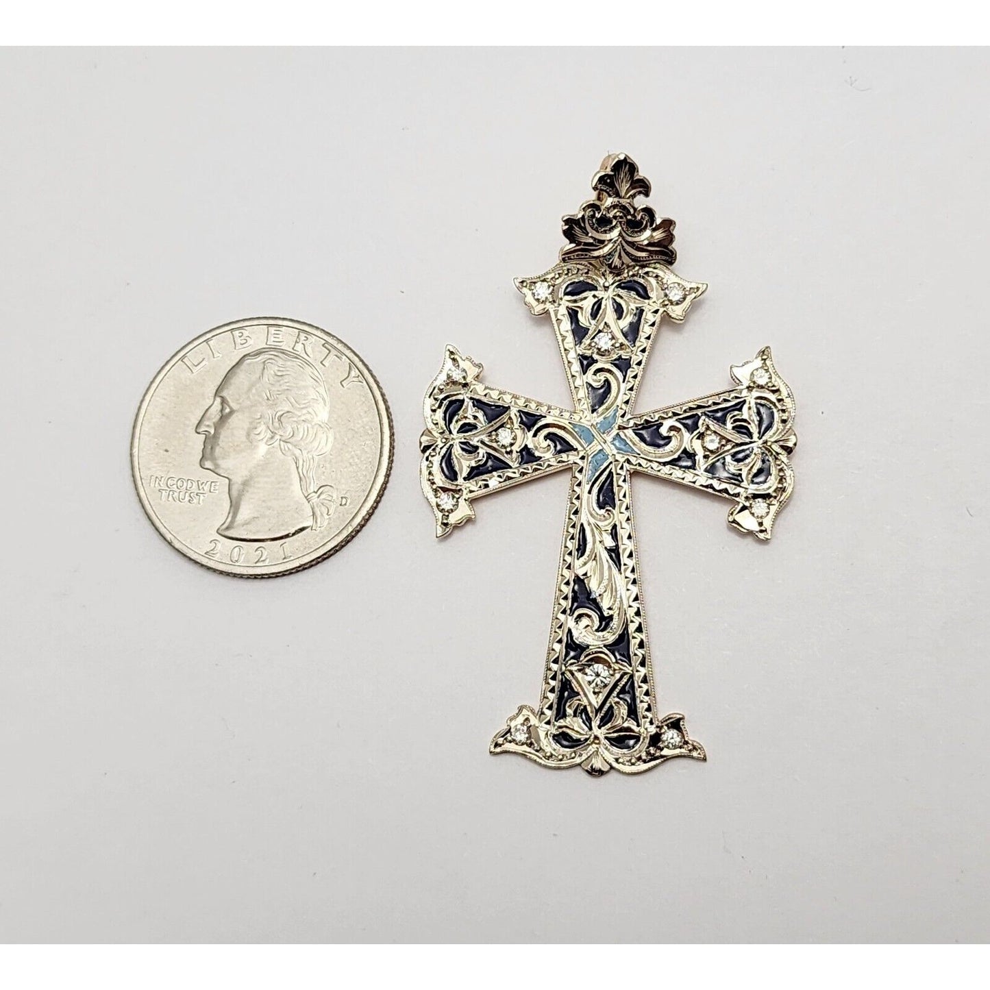 14K Two Tone Gold Hand Made Enamel Cross Diamond Charm Pendant