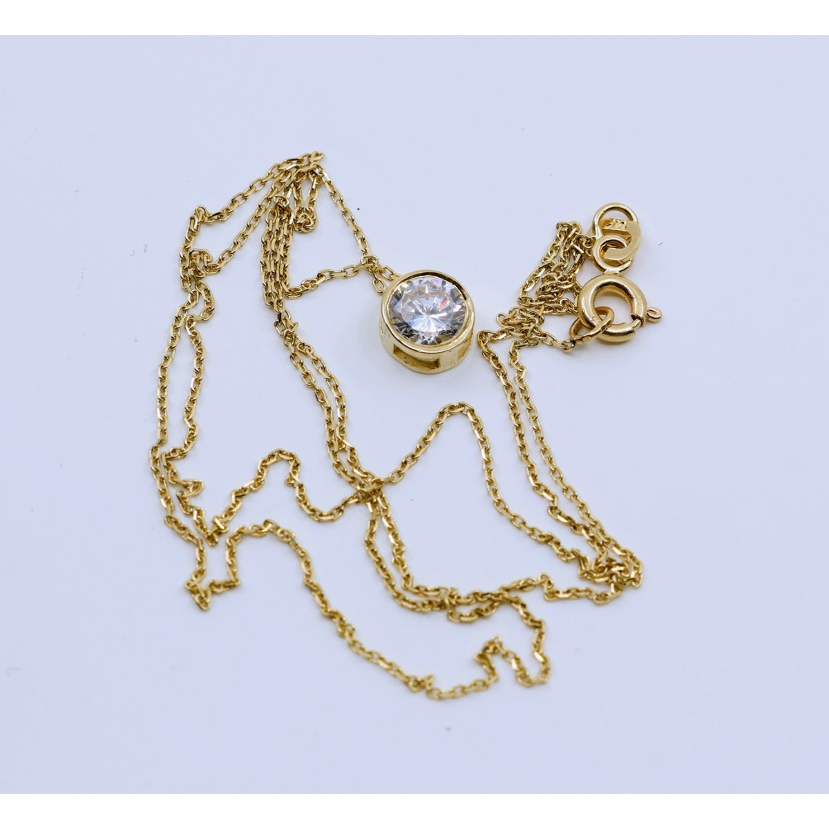 14K Yellow Gold Round Cut Solitaire Bezel Set CZ Pendant Chain Necklace