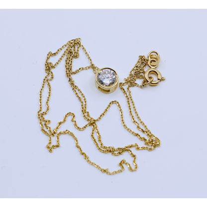 14K Yellow Gold Round Cut Solitaire Bezel Set CZ Pendant Chain Necklace