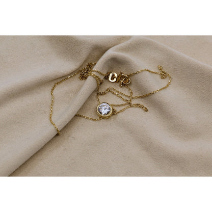 14K Yellow Gold Round Cut Solitaire Bezel Set CZ Pendant Chain Necklace