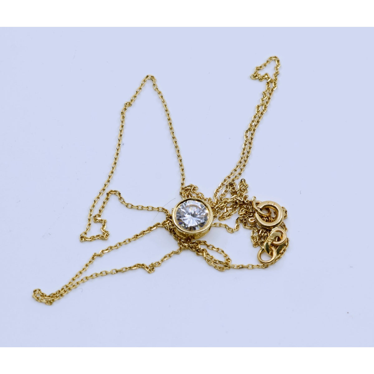 14K Yellow Gold Round Cut Solitaire Bezel Set CZ Pendant Chain Necklace