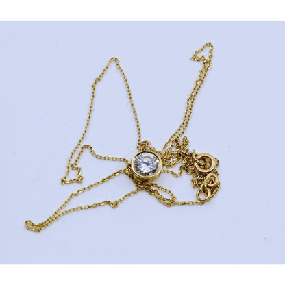 14K Yellow Gold Round Cut Solitaire Bezel Set CZ Pendant Chain Necklace