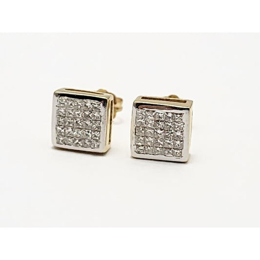 14K Yellow Gold Square Shaped Diamond Stud Earrings