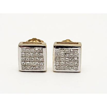 14K Yellow Gold Square Shaped Diamond Stud Earrings