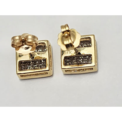 14K Yellow Gold Square Shaped Diamond Stud Earrings