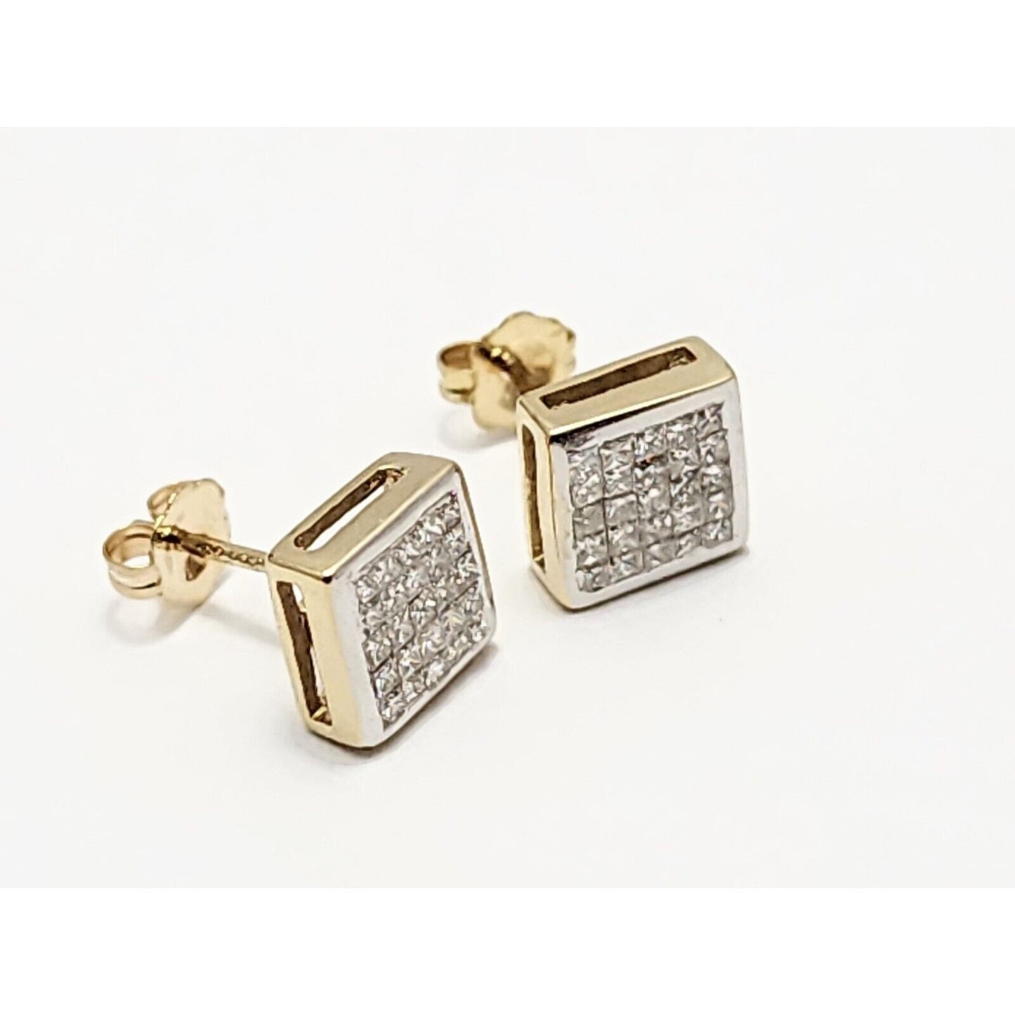 14K Yellow Gold Square Shaped Diamond Stud Earrings