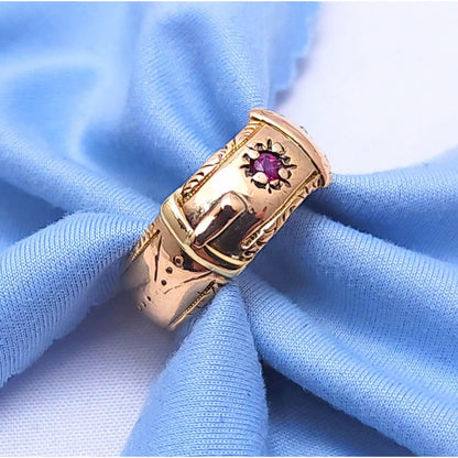 Vintage 10K Rose Gold Ruby & Diamond Belt Shaped Wide Band Ring