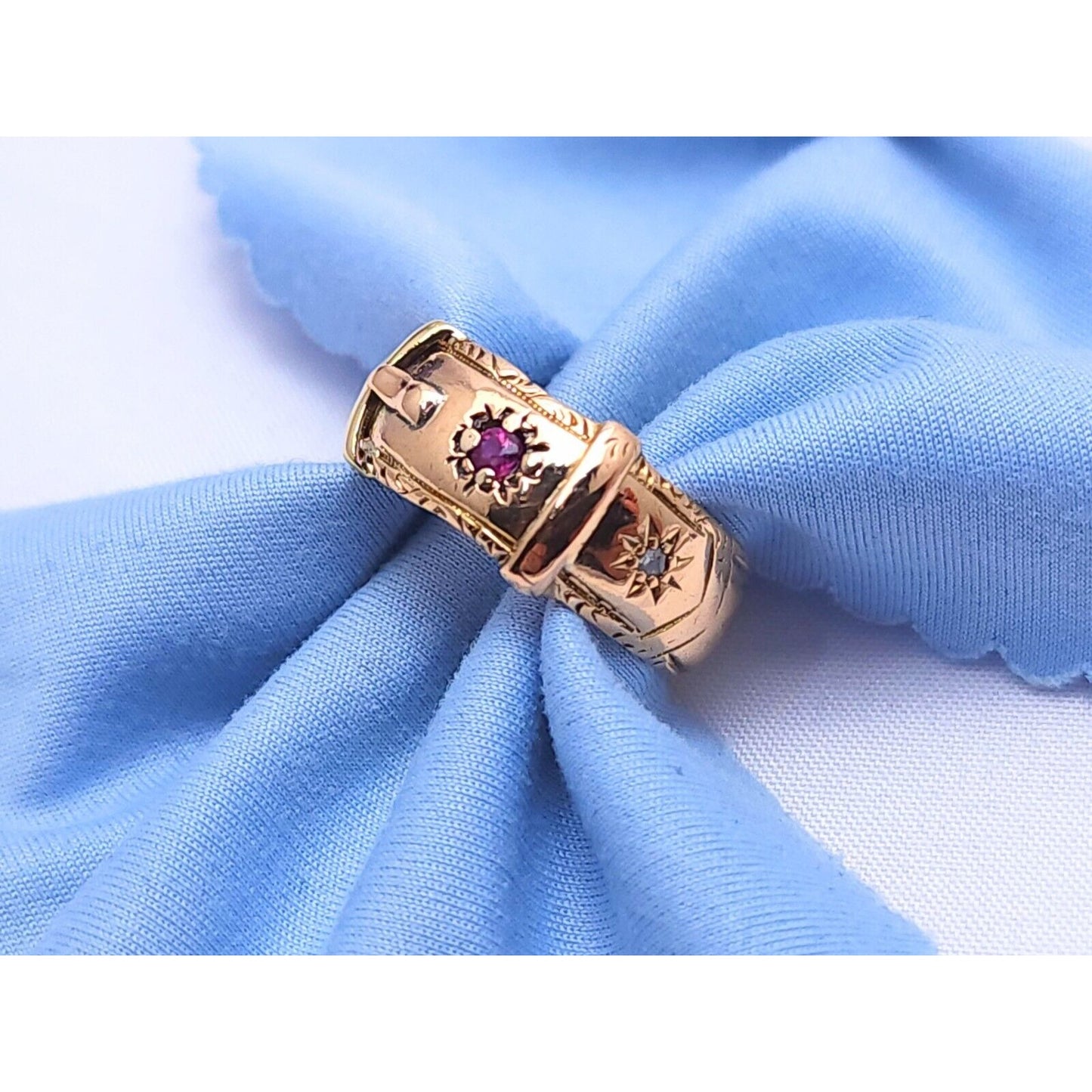 Vintage 10K Rose Gold Ruby & Diamond Belt Shaped Wide Band Ring