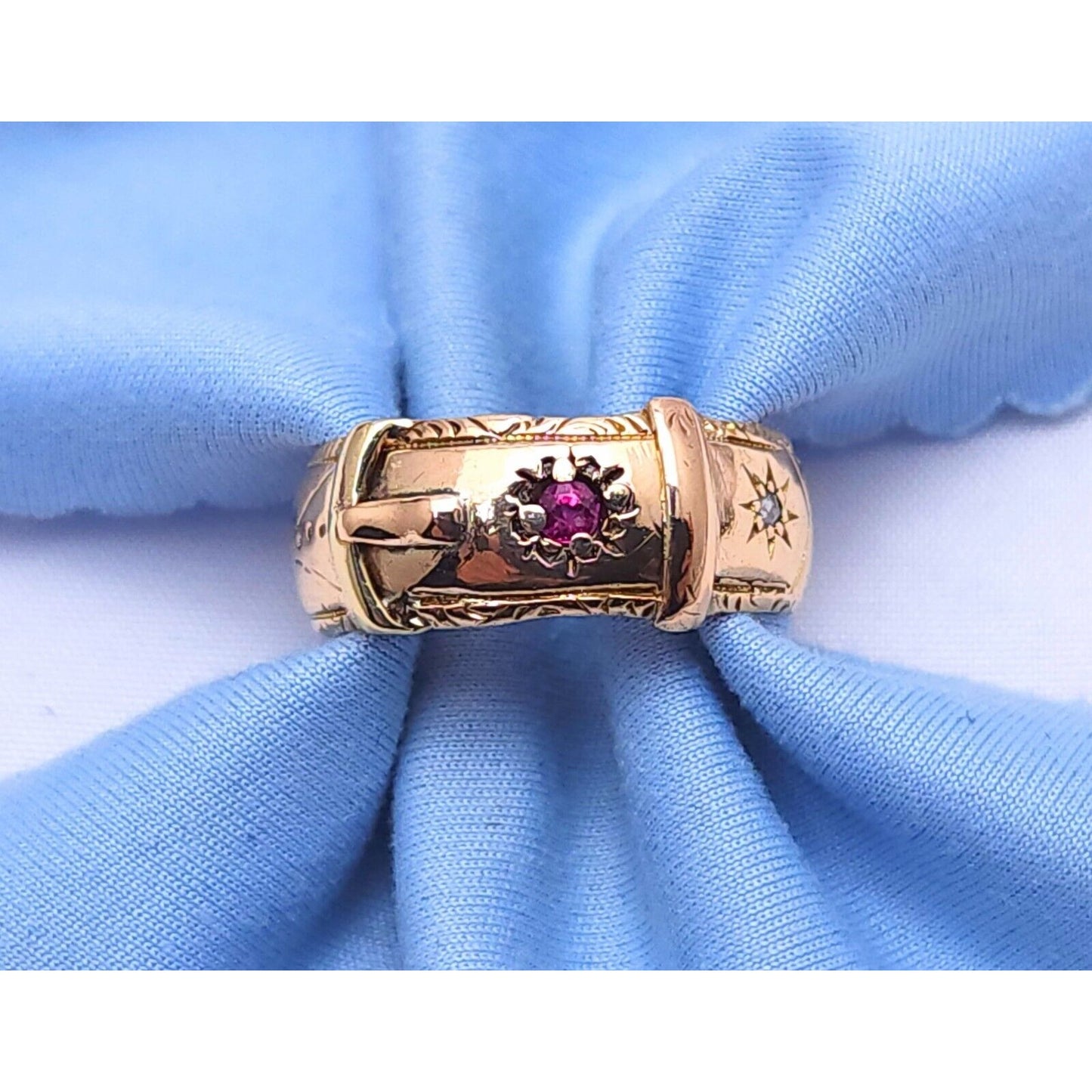 Vintage 10K Rose Gold Ruby & Diamond Belt Shaped Wide Band Ring