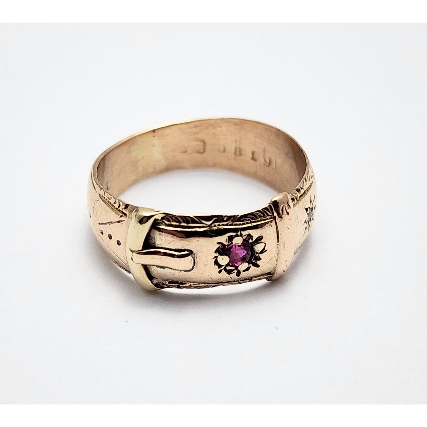 Vintage 10K Rose Gold Ruby & Diamond Belt Shaped Wide Band Ring