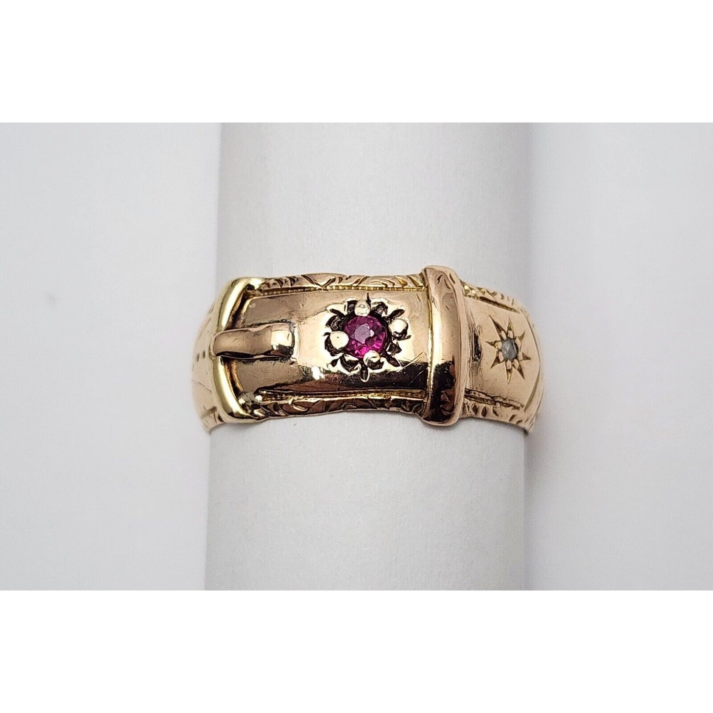 Vintage 10K Rose Gold Ruby & Diamond Belt Shaped Wide Band Ring