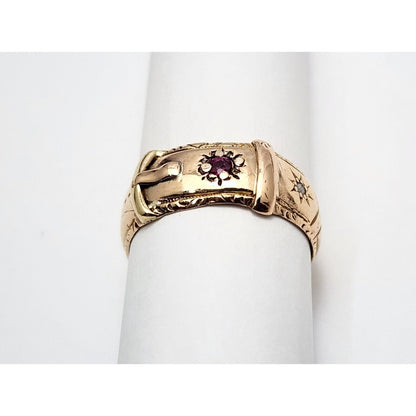 Vintage 10K Rose Gold Ruby & Diamond Belt Shaped Wide Band Ring