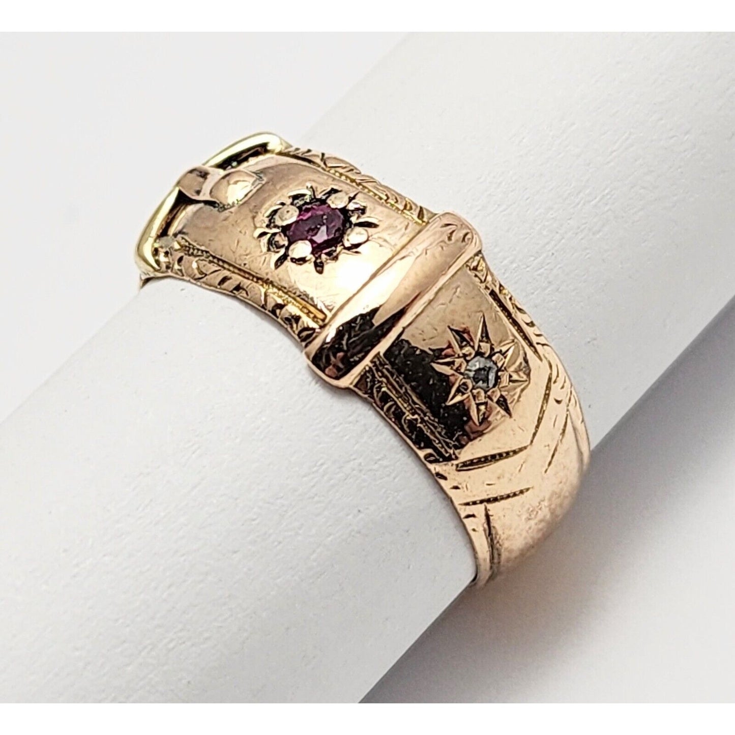 Vintage 10K Rose Gold Ruby & Diamond Belt Shaped Wide Band Ring