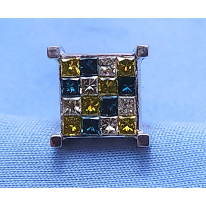 Single 14K White Gold Square Shaped White, Yellow & Green Diamond Stud Earring