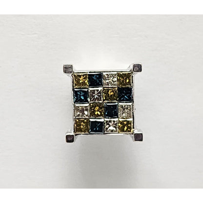 Single 14K White Gold Square Shaped White, Yellow & Green Diamond Stud Earring