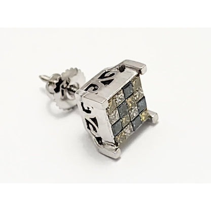 Single 14K White Gold Square Shaped White, Yellow & Green Diamond Stud Earring