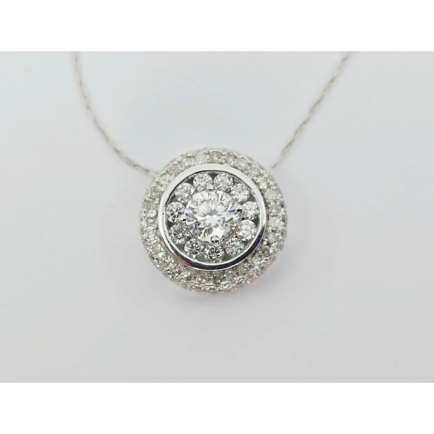 Thin 14K White Gold Link Chain Necklace & Round Diamond Charm Pendant