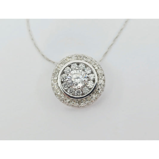 Thin 14K White Gold Link Chain Necklace & Round Diamond Charm Pendant