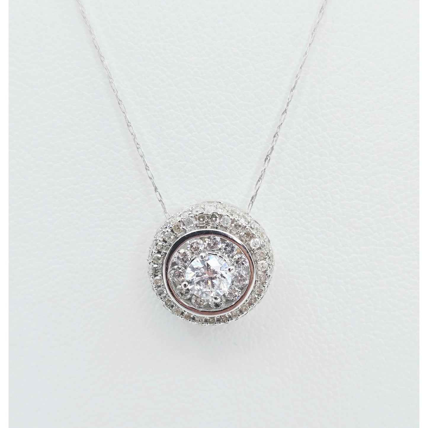 Thin 14K White Gold Link Chain Necklace & Round Diamond Charm Pendant