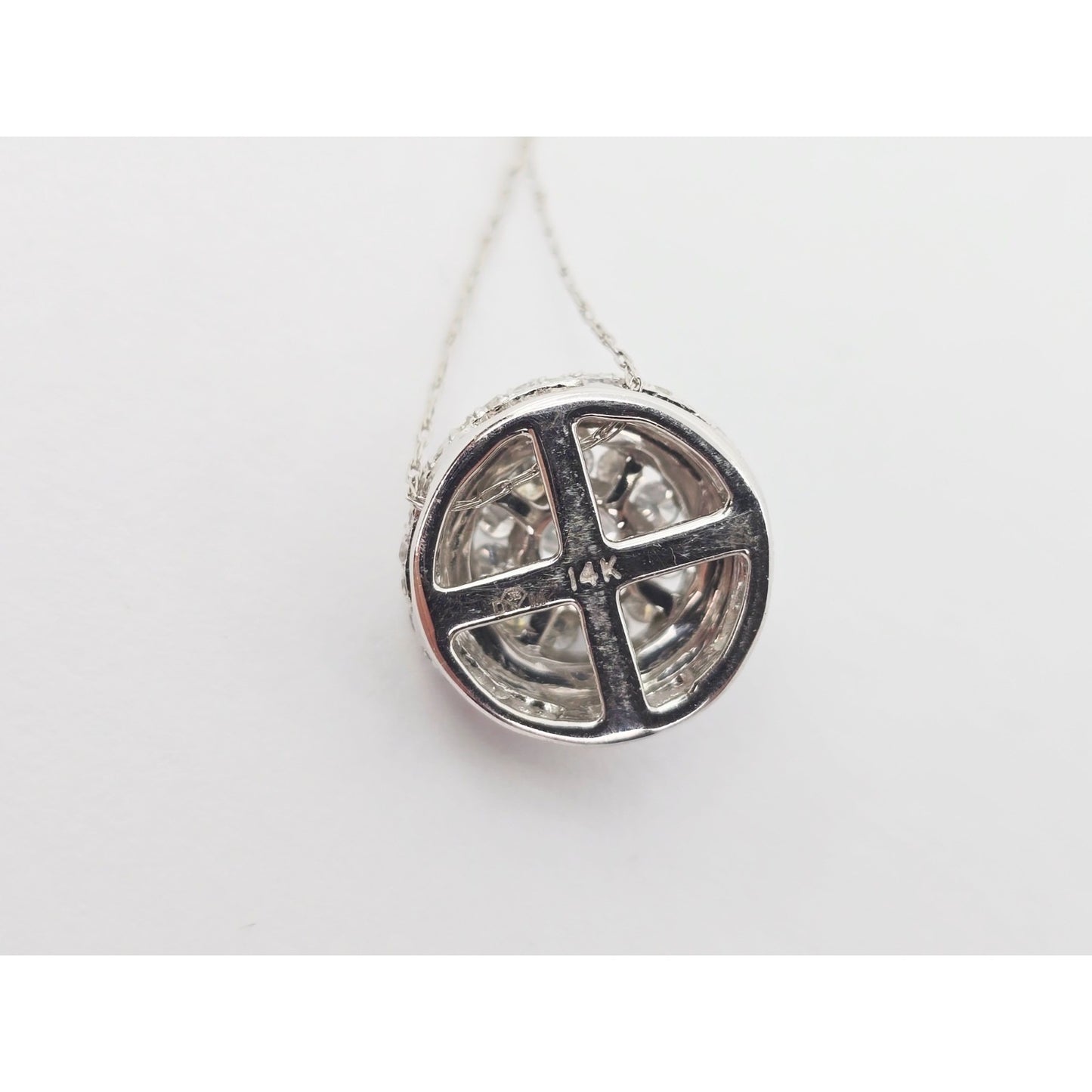 Thin 14K White Gold Link Chain Necklace & Round Diamond Charm Pendant