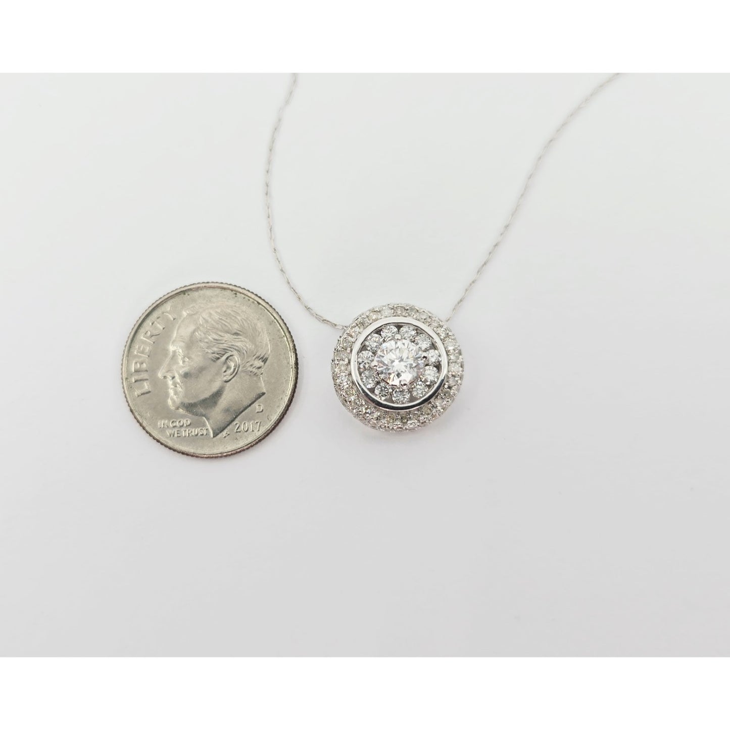 Thin 14K White Gold Link Chain Necklace & Round Diamond Charm Pendant