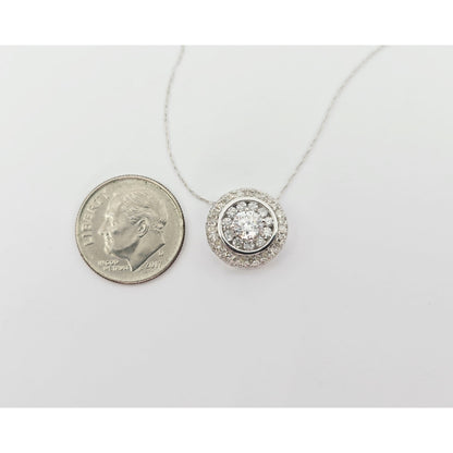 Thin 14K White Gold Link Chain Necklace & Round Diamond Charm Pendant