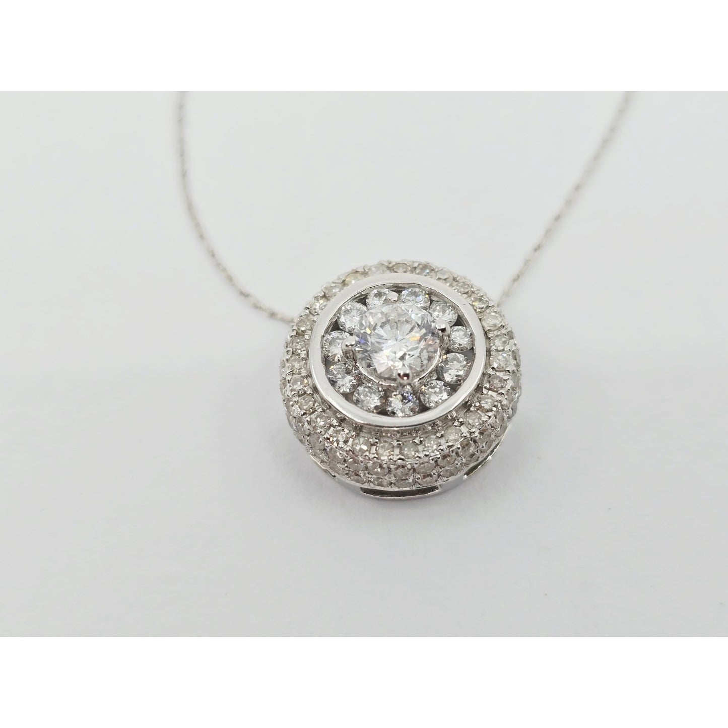 Thin 14K White Gold Link Chain Necklace & Round Diamond Charm Pendant