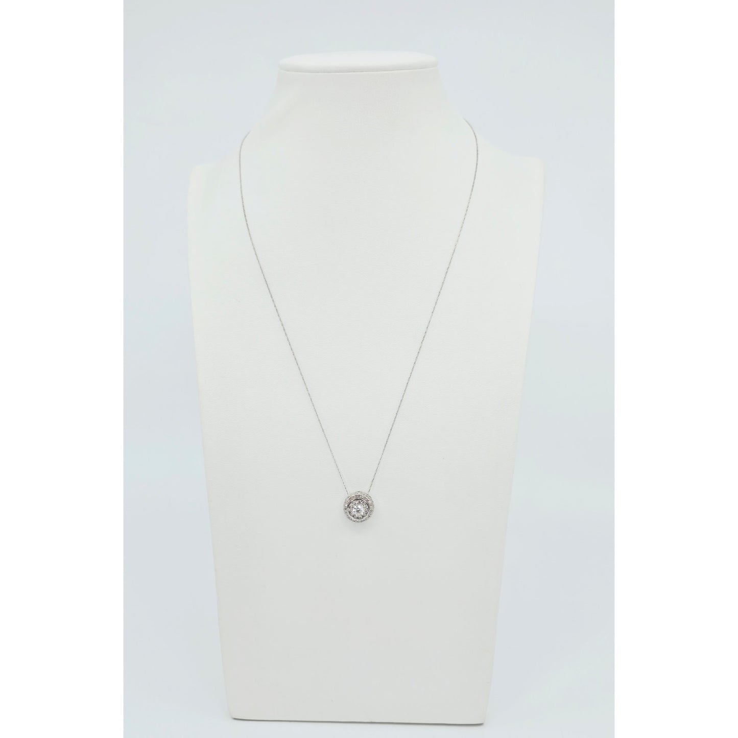 Thin 14K White Gold Link Chain Necklace & Round Diamond Charm Pendant