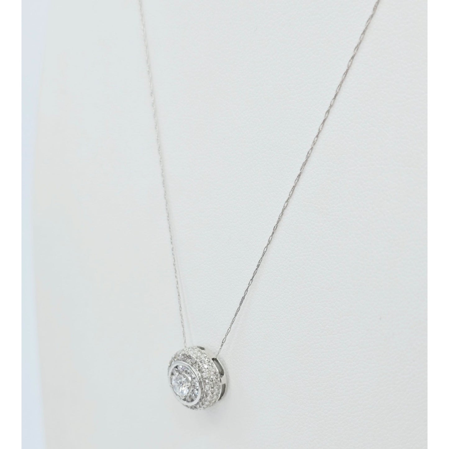 Thin 14K White Gold Link Chain Necklace & Round Diamond Charm Pendant