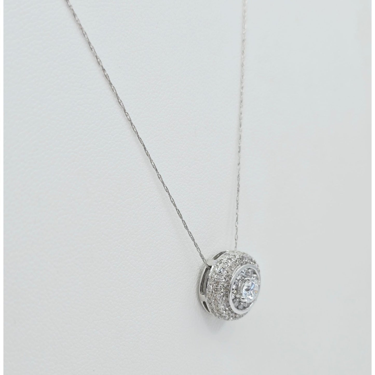 Thin 14K White Gold Link Chain Necklace & Round Diamond Charm Pendant