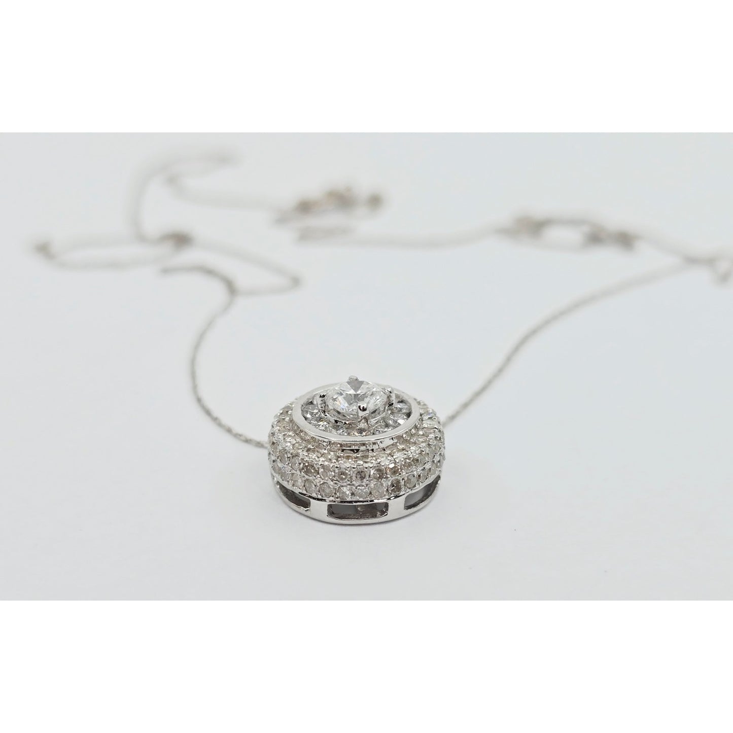 Thin 14K White Gold Link Chain Necklace & Round Diamond Charm Pendant