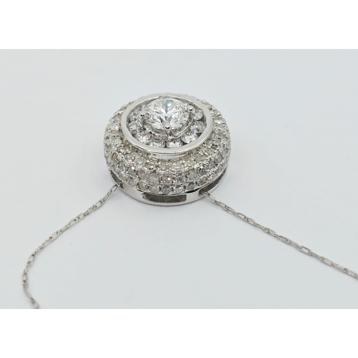 Thin 14K White Gold Link Chain Necklace & Round Diamond Charm Pendant