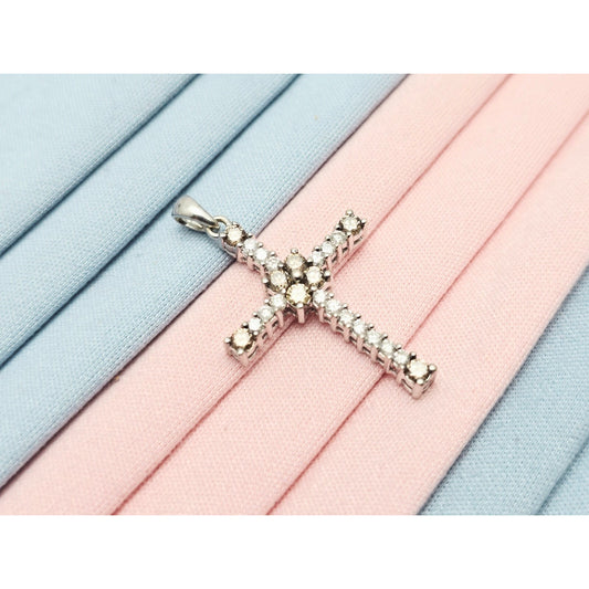 14K White Gold Brown & White Diamond Cross Pendant Charm