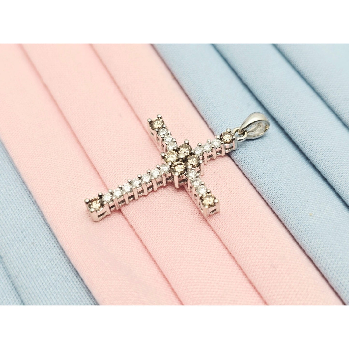 14K White Gold Brown & White Diamond Cross Pendant Charm