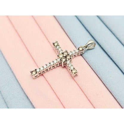 14K White Gold Brown & White Diamond Cross Pendant Charm