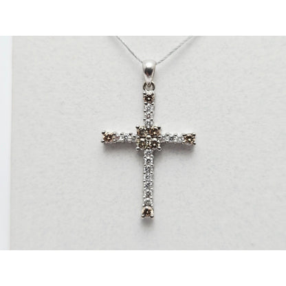 14K White Gold Brown & White Diamond Cross Pendant Charm