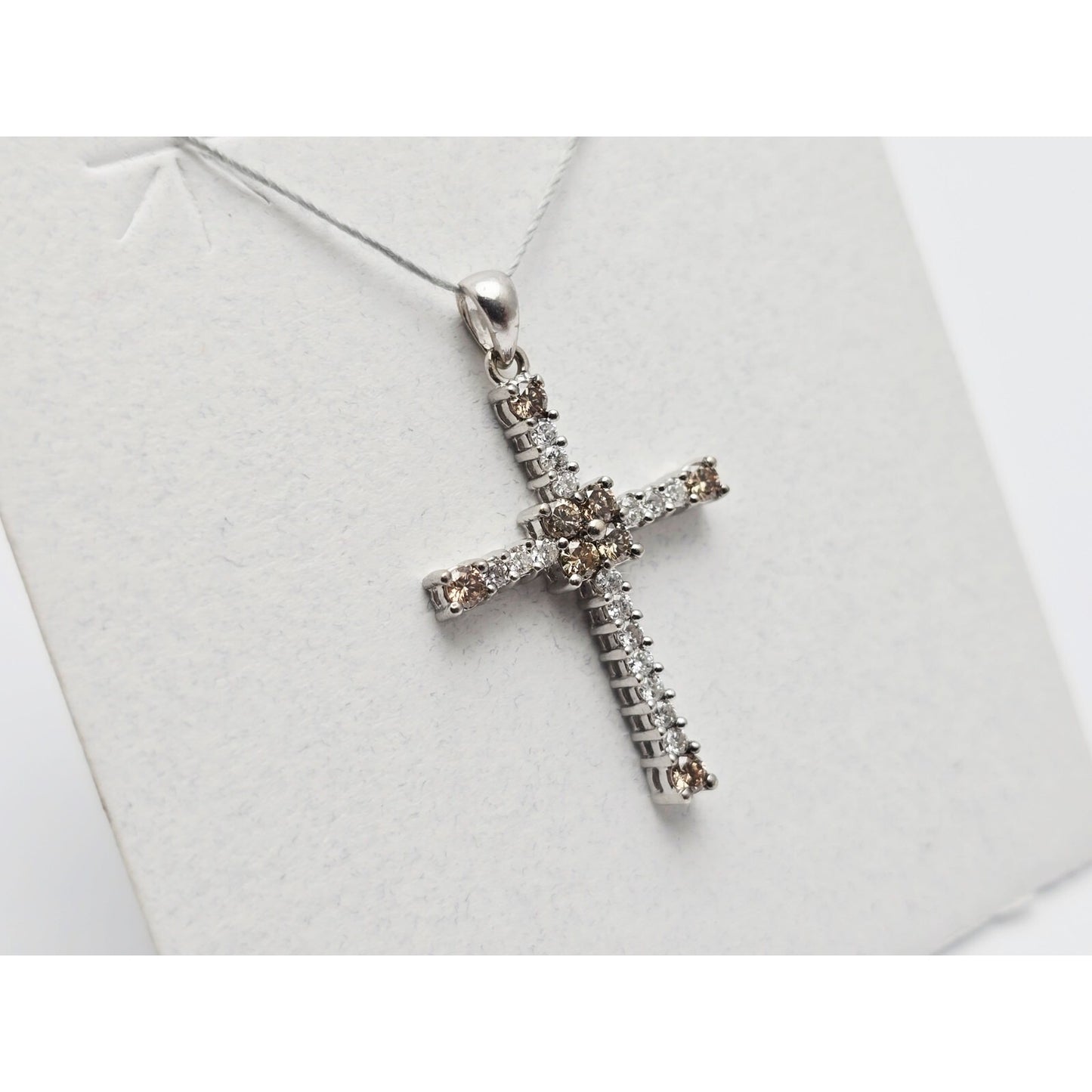 14K White Gold Brown & White Diamond Cross Pendant Charm