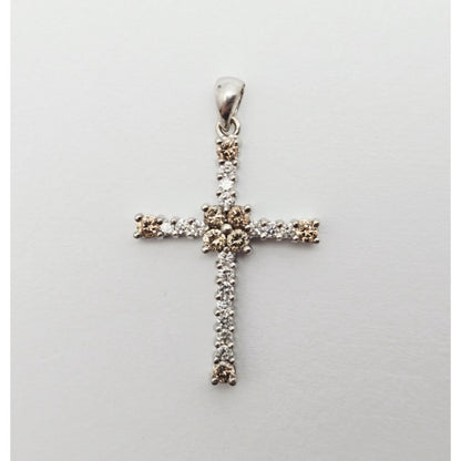 14K White Gold Brown & White Diamond Cross Pendant Charm