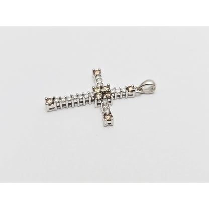 14K White Gold Brown & White Diamond Cross Pendant Charm