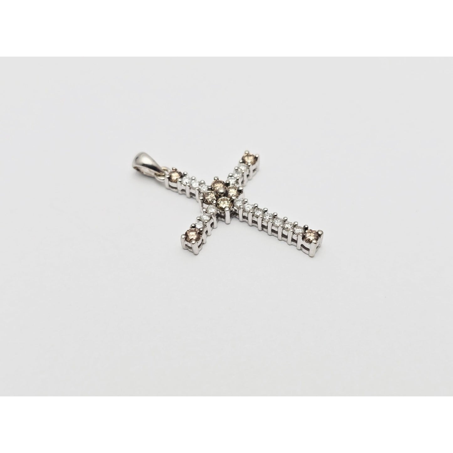 14K White Gold Brown & White Diamond Cross Pendant Charm