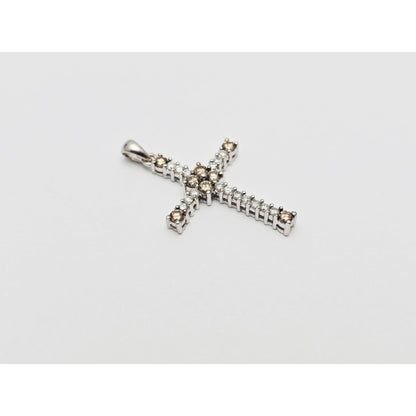 14K White Gold Brown & White Diamond Cross Pendant Charm
