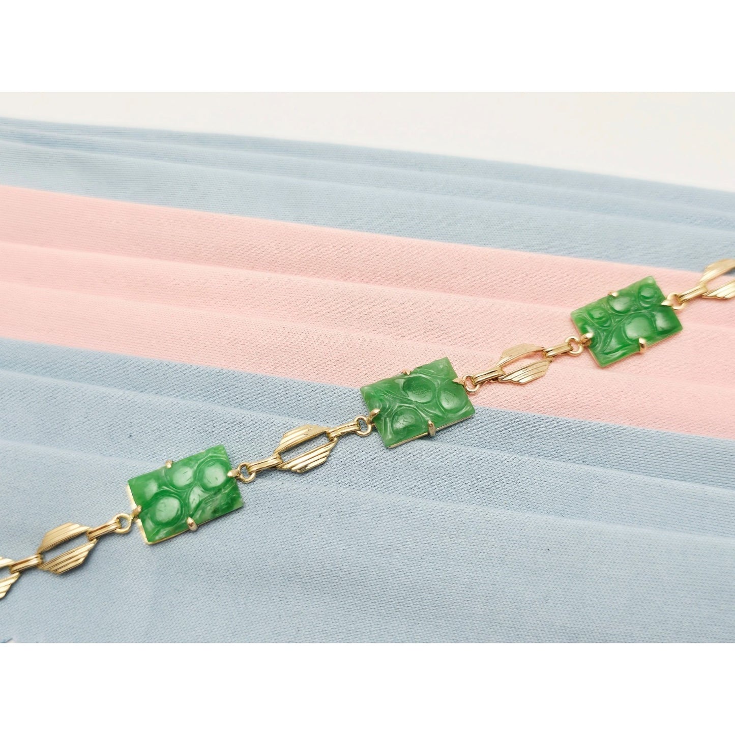 14K Yellow Gold Green Jadeite Jade Link Bracelet