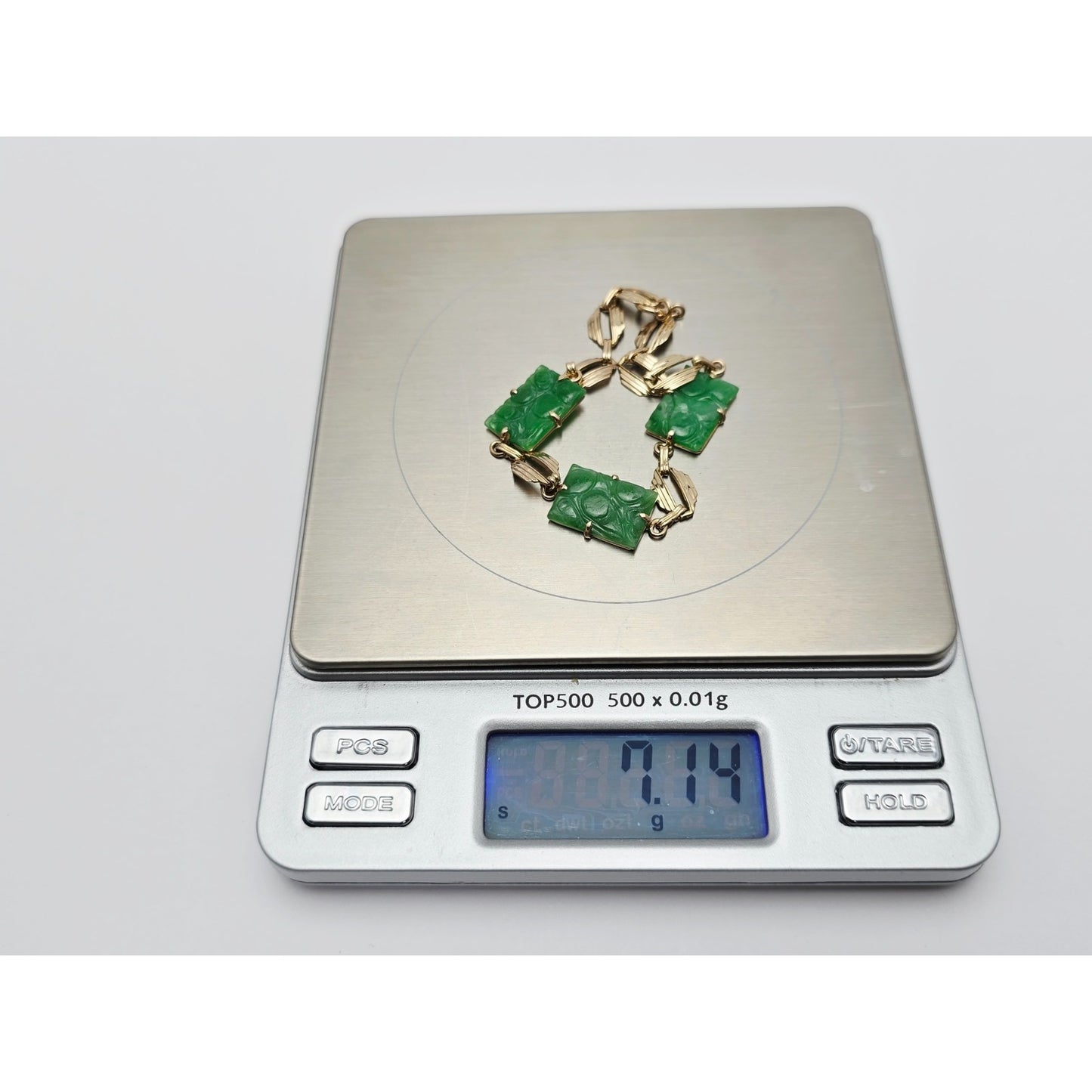 14K Yellow Gold Green Jadeite Jade Link Bracelet