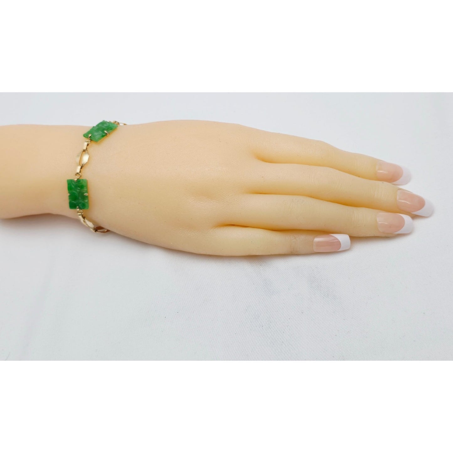 14K Yellow Gold Green Jadeite Jade Link Bracelet