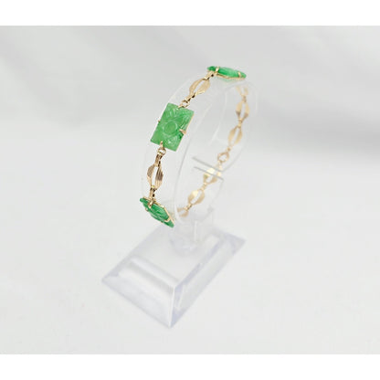 14K Yellow Gold Green Jadeite Jade Link Bracelet