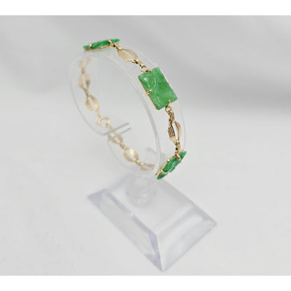 14K Yellow Gold Green Jadeite Jade Link Bracelet