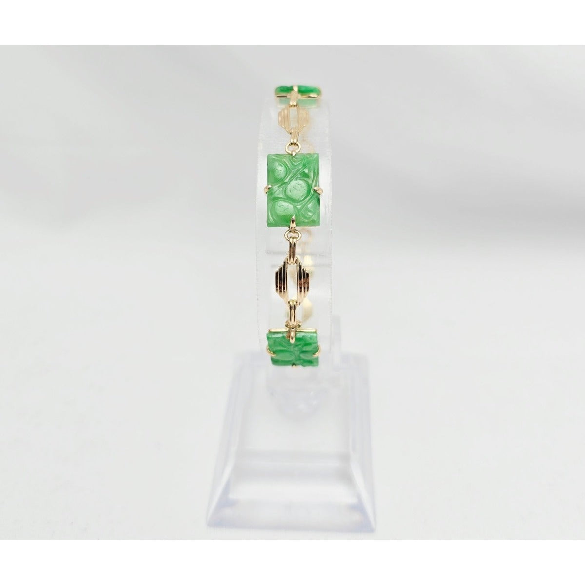 14K Yellow Gold Green Jadeite Jade Link Bracelet