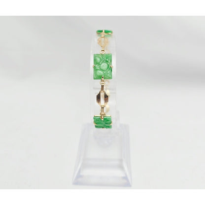 14K Yellow Gold Green Jadeite Jade Link Bracelet