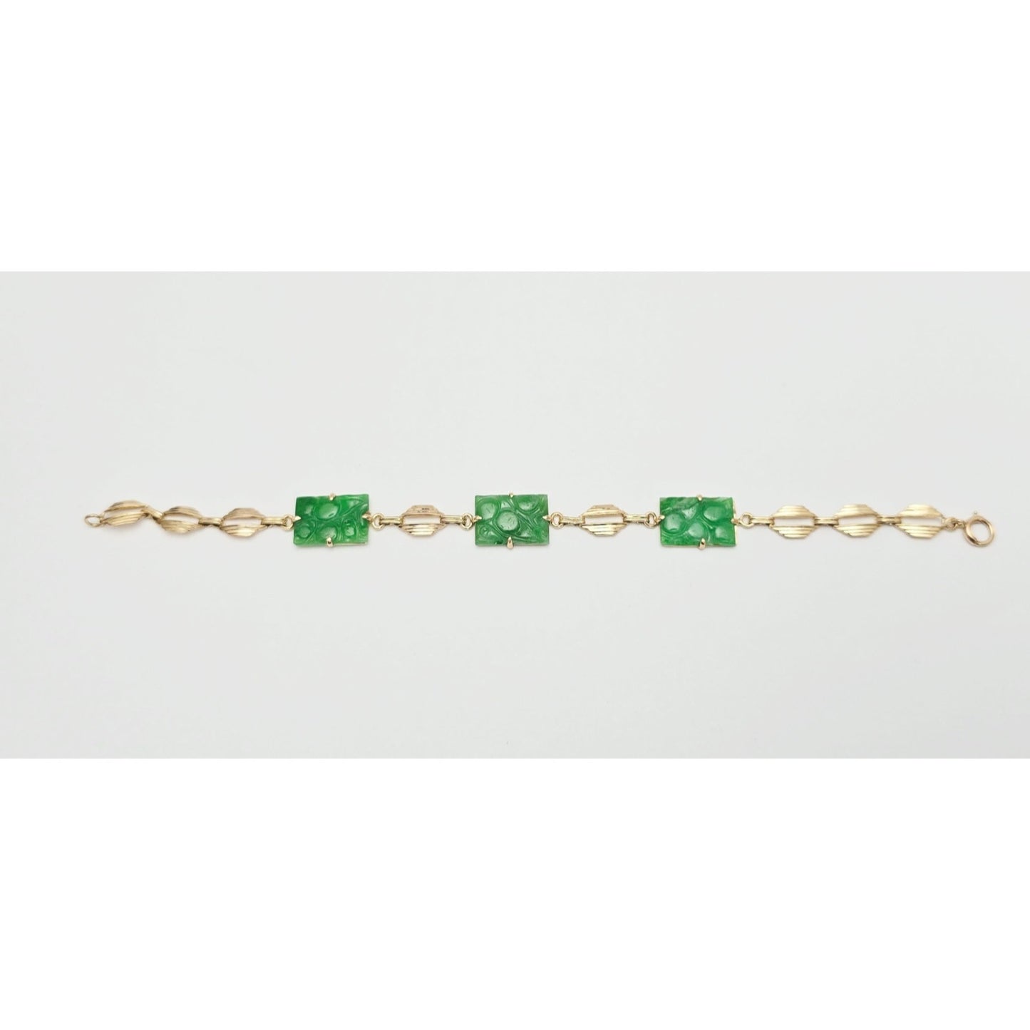 14K Yellow Gold Green Jadeite Jade Link Bracelet